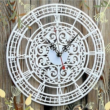 White Filigree Wooden Wall Clock – Laser-Cut Roman Numerals