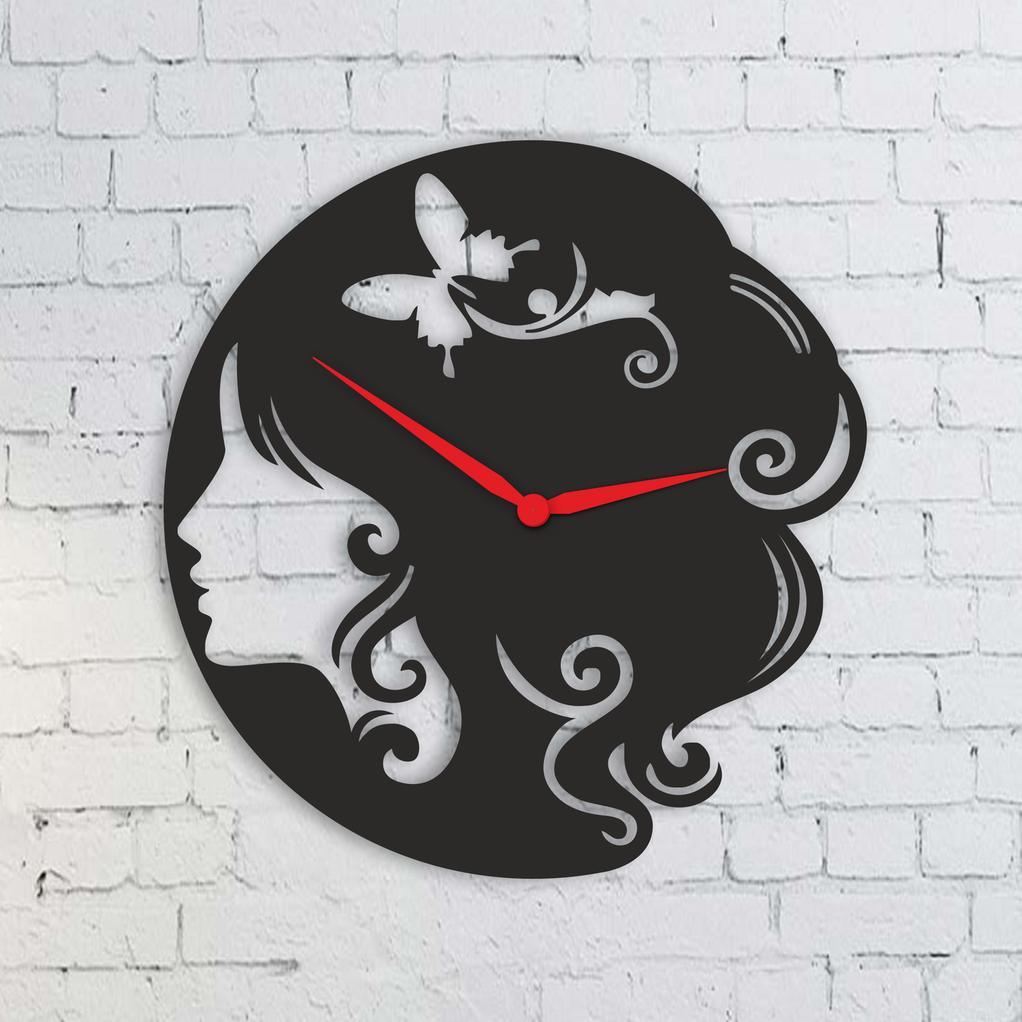Elegant Woman Silhouette Wall Clock – Laser-Cut Wooden Design with Butterfly