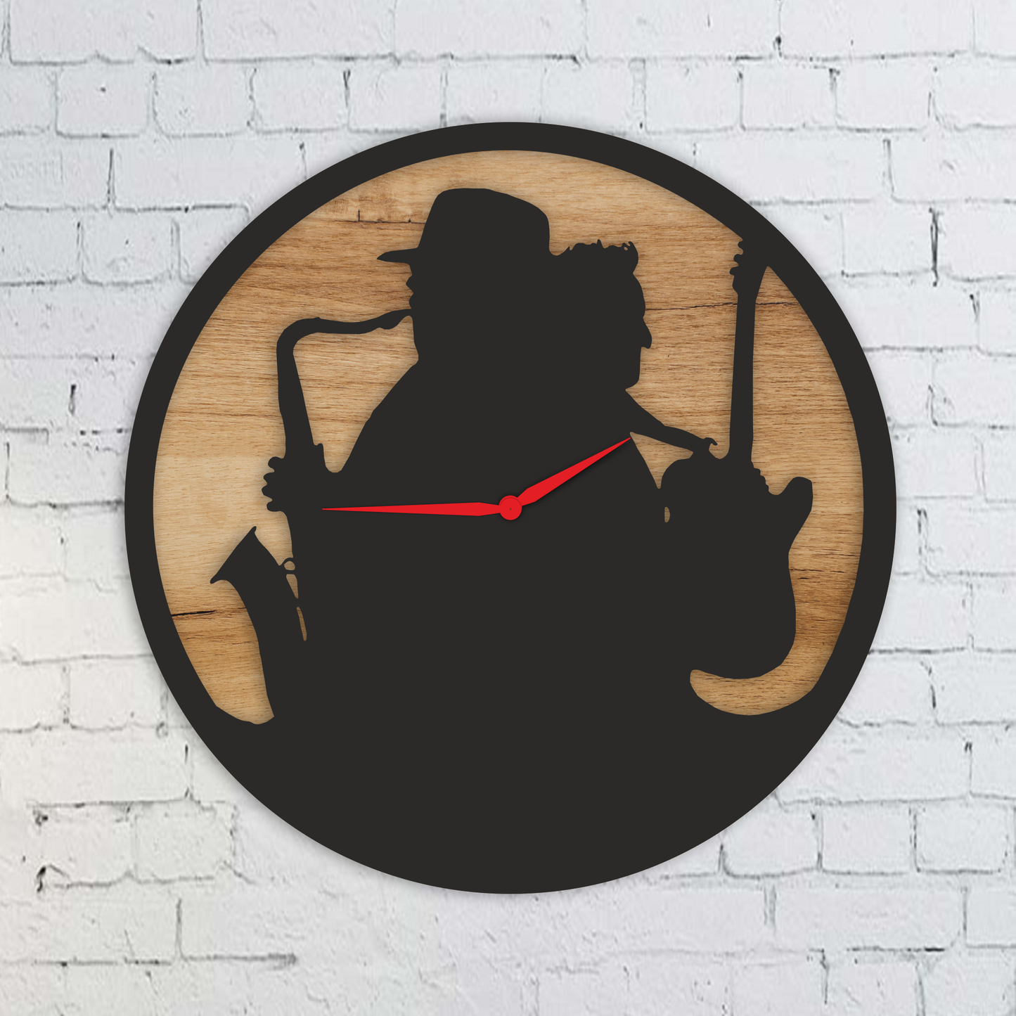 Jazz Musicians Wall Clock – Laser-Cut Wooden Silhouette with Guitar & Saxophone