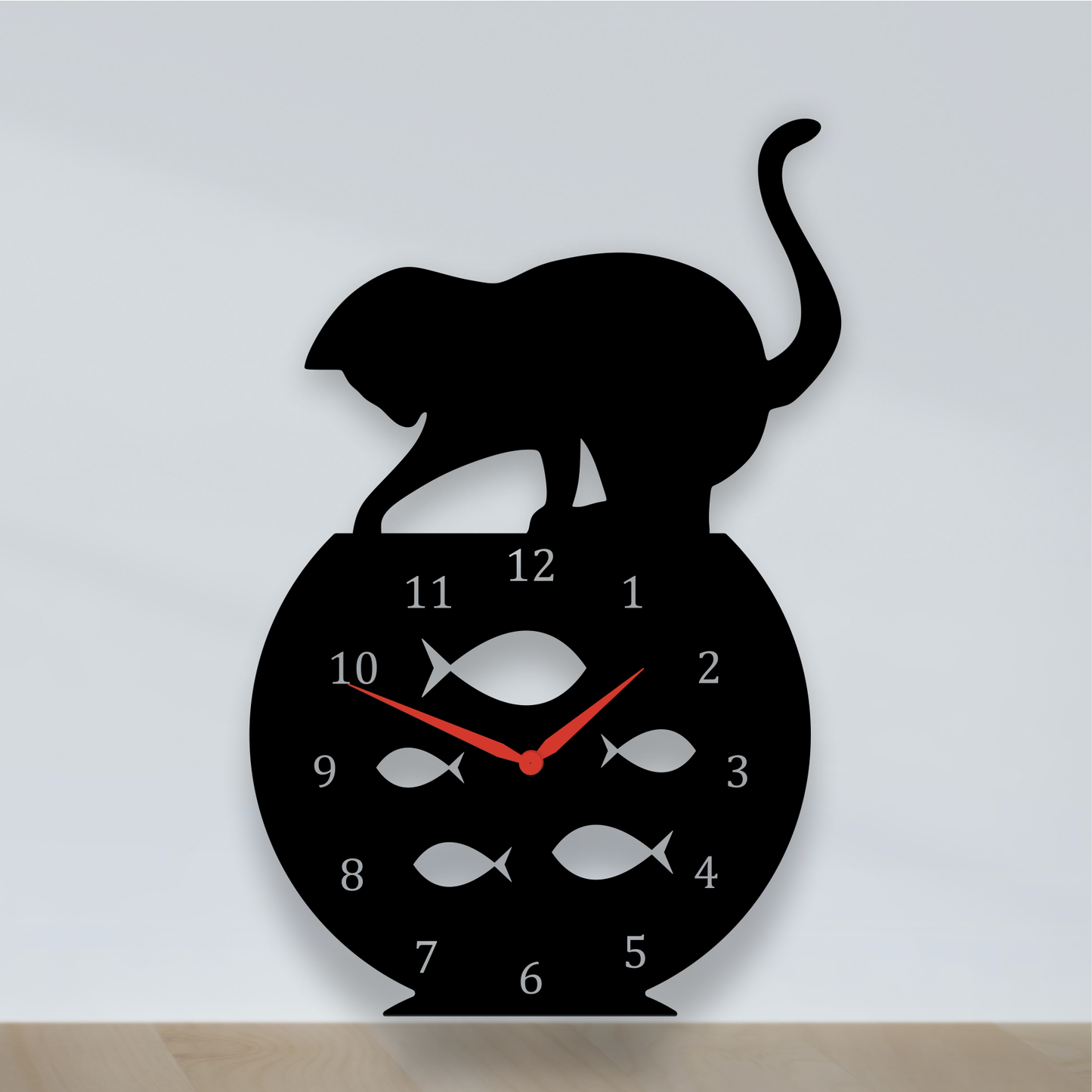 Cat & Fishbowl Wall Clock – Playful Laser-Cut Wooden Clock for Pet Lovers