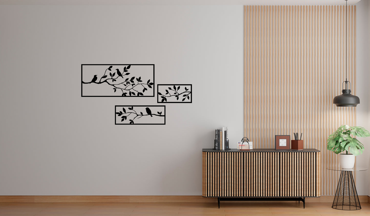 3-Panel Branch Wall Art – Laser-Cut Birds & Leaves Design