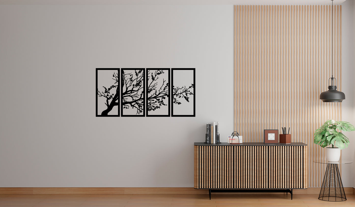 Elegant Tree 3mm Black Acrylic Wall Art – 4 Panel Tree with Extending Branches