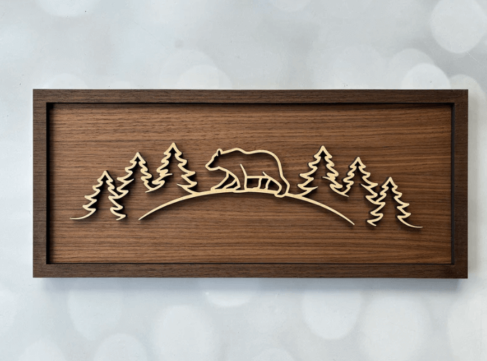 Bear in the Forest Line Art – Minimalist Wooden Wall Art | Soul Etch NZ
