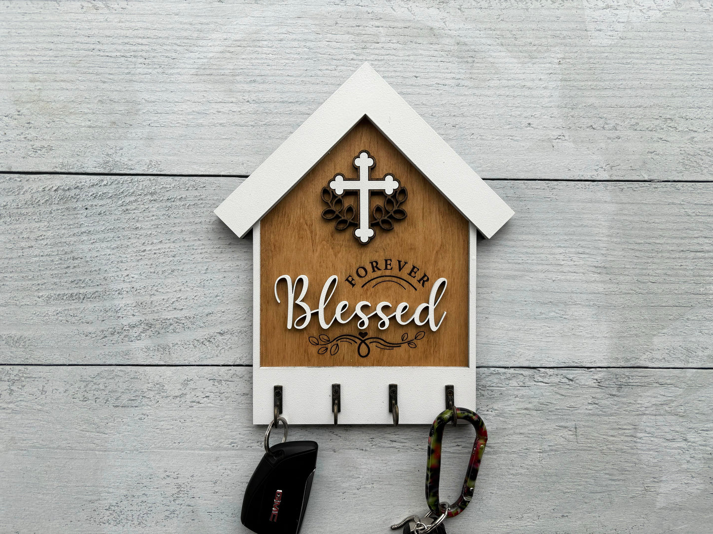 Forever Blessed Wooden Key Holder – Laser Cut Cross Wall Decor for Home
