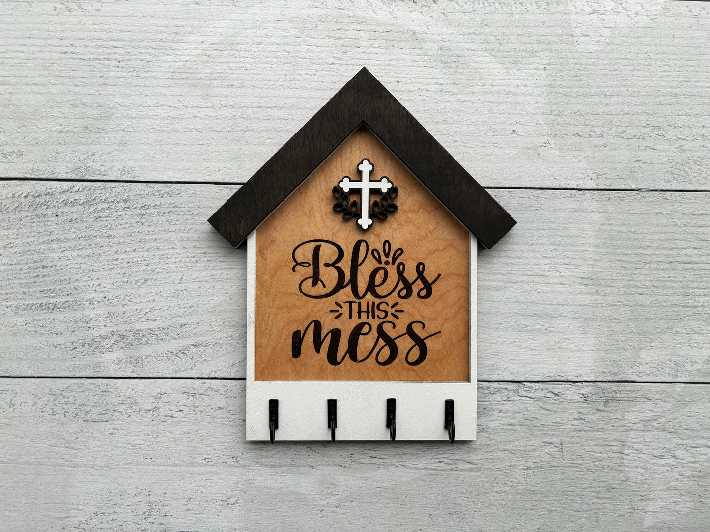 Bless This Mess Wooden Key Holder – Rustic House Wall Decor with Cross