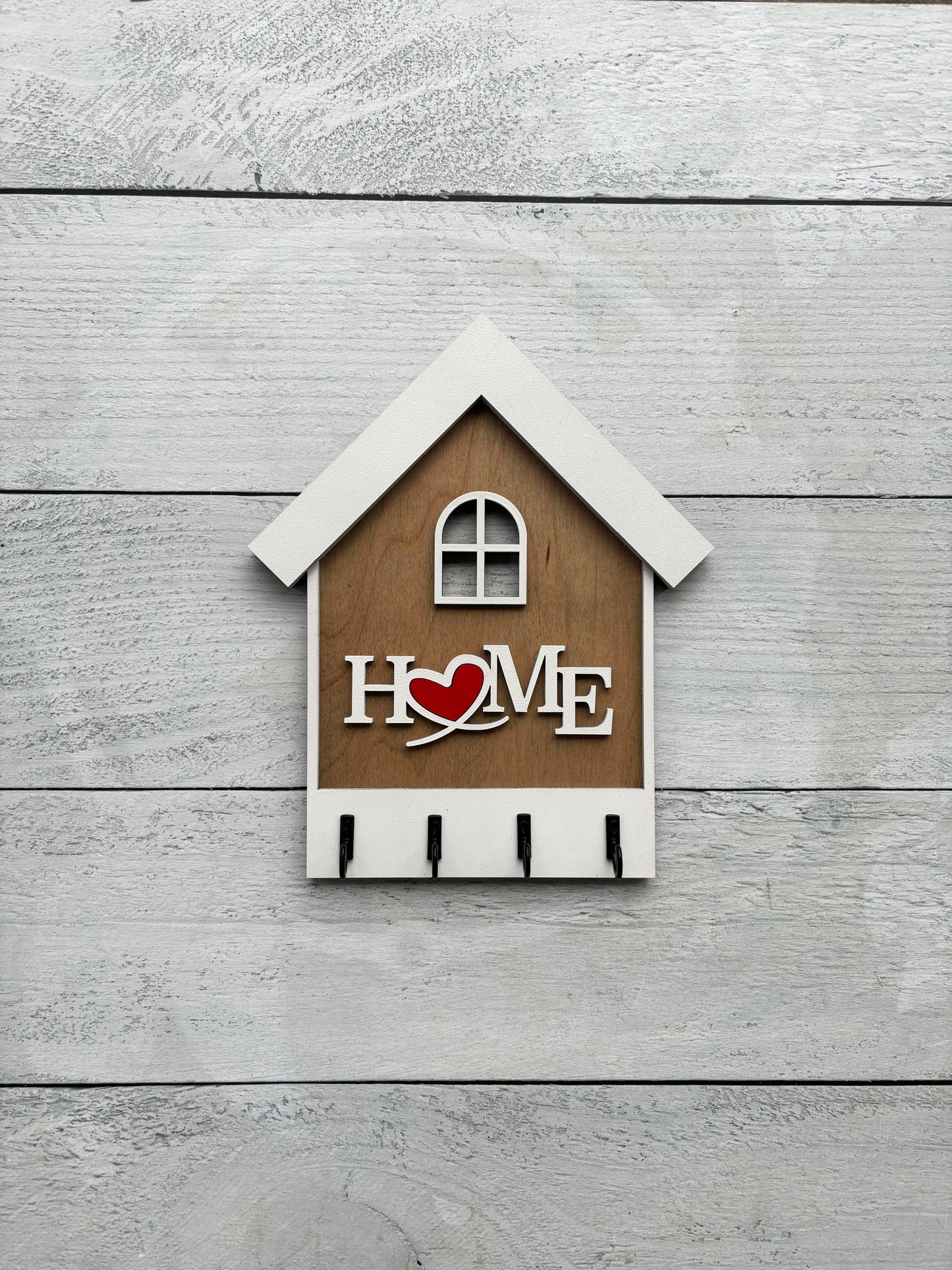 HOME Key Holder with Red Heart – White Trim Wooden Wall Organizer