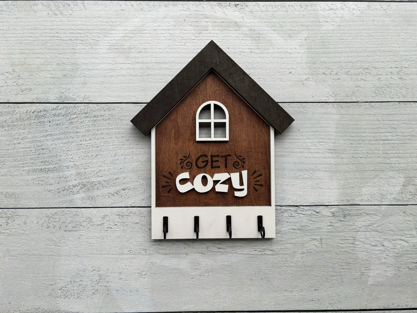 Laser Cut "Get Cozy" Key Holder – House Shape Wall Decor