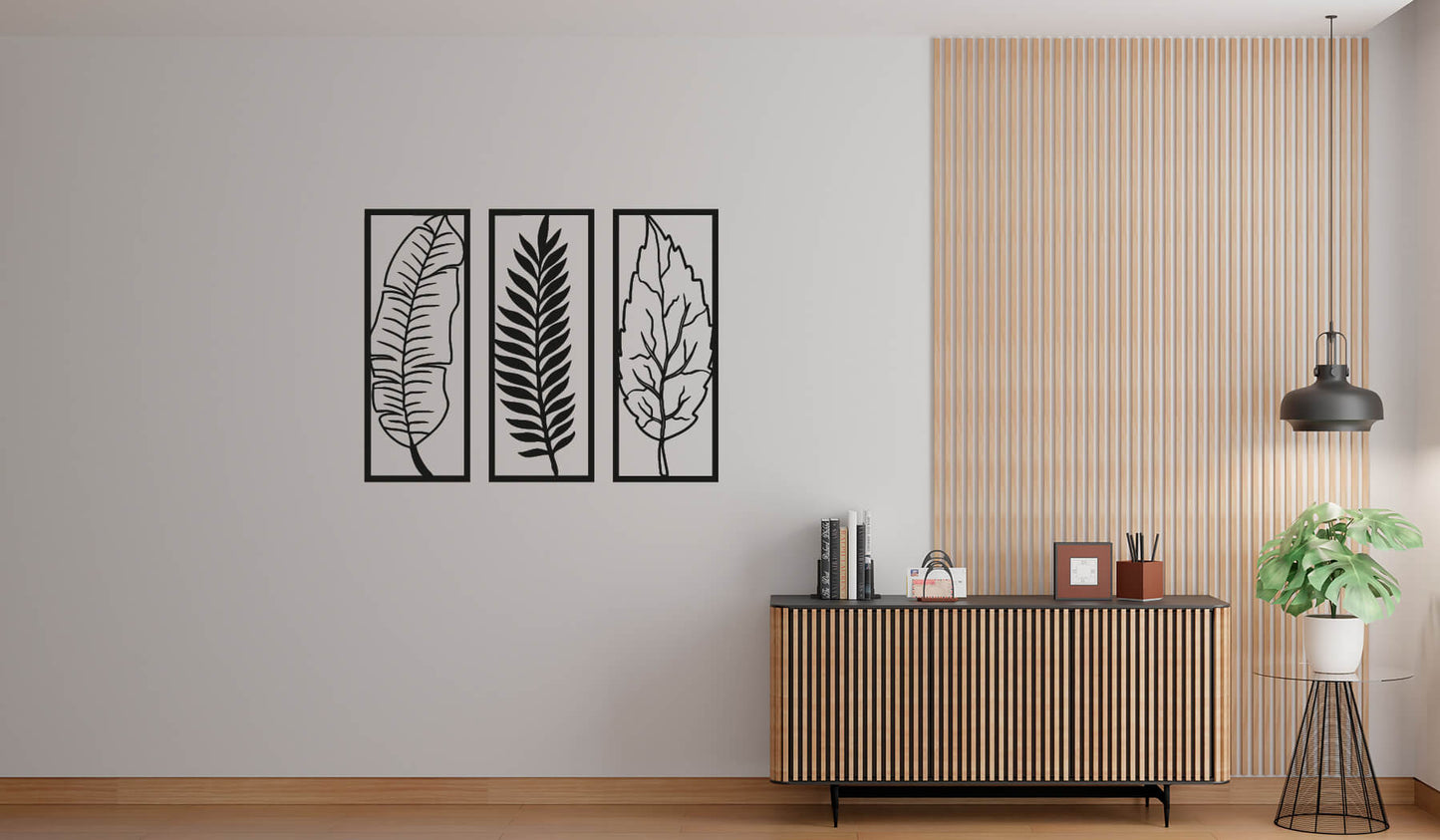 Leaf Trio Line Art – Black Wooden Wall Art | Soul Etch NZ