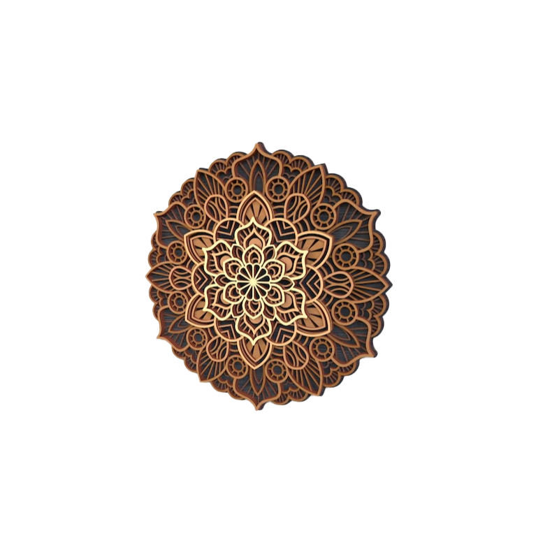 Decorative wooden wall art with intricate circular pattern on a white background