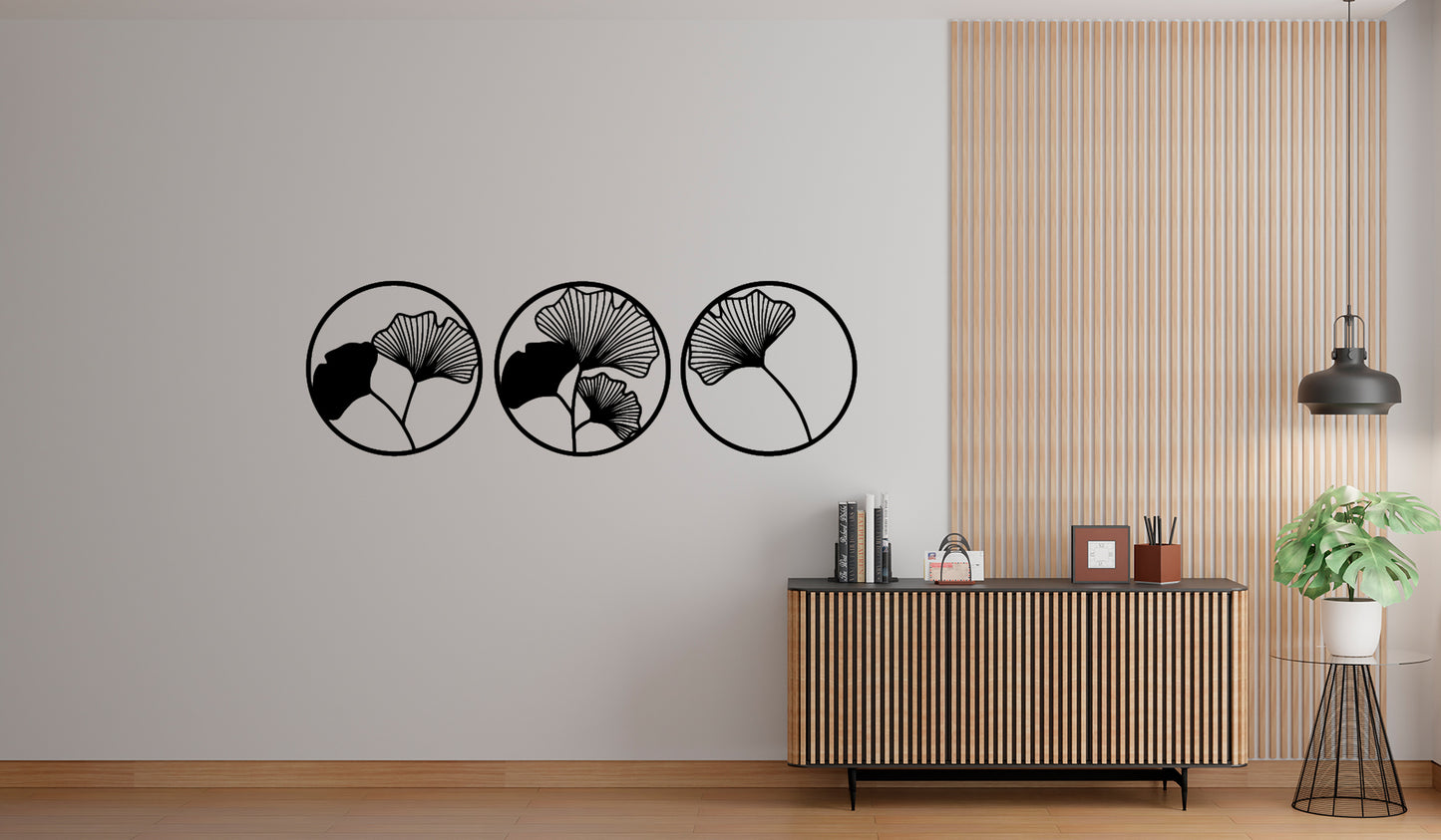 Ginkgo Biloba Leaf 3-Piece Wall Art | Round Botanical Panels