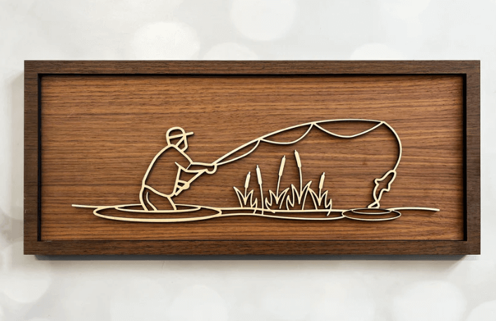 Fly Fisher Line Art – minimalist wooden wall art handcrafted in New Zealand by Soul Etch, featuring a fisherman casting a line over water on a walnut background.