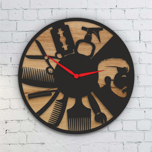 Barber Shop Wall Clock – Laser-Cut Wooden Hair Salon Decor