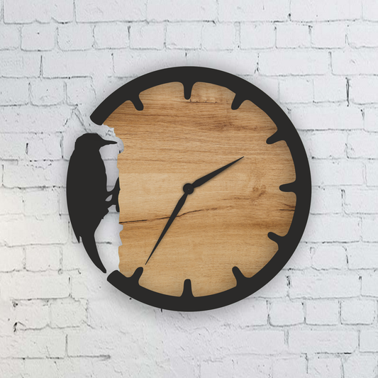 Woodpecker Wall Clock – Minimalist Laser-Cut Wooden Design