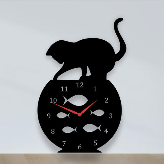Cat & Fishbowl Wall Clock – Playful Laser-Cut Wooden Clock for Pet Lovers