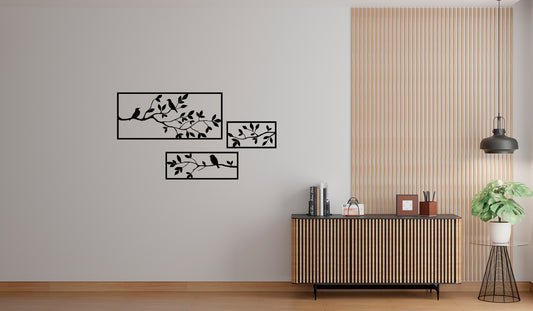 3-Panel Branch Wall Art – Laser-Cut Birds & Leaves Design