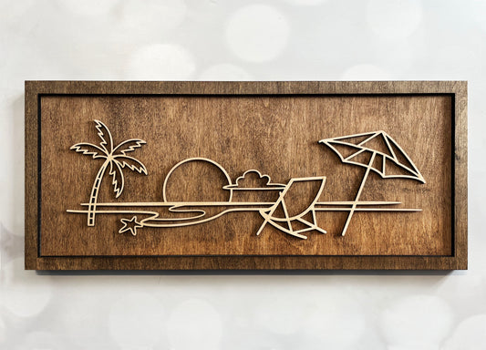 Line Art Beach Wall Art – Minimalist Wooden Coastal Decor