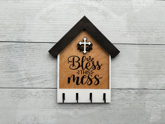 Bless This Mess Wooden Key Holder – Rustic House Wall Decor with Cross