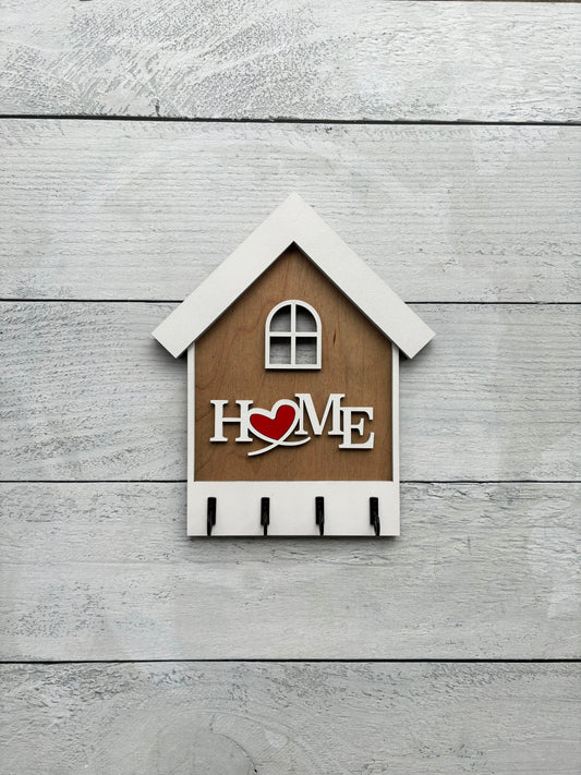HOME Key Holder with Red Heart – White Trim Wooden Wall Organizer