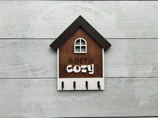 Laser Cut "Get Cozy" Key Holder – House Shape Wall Decor