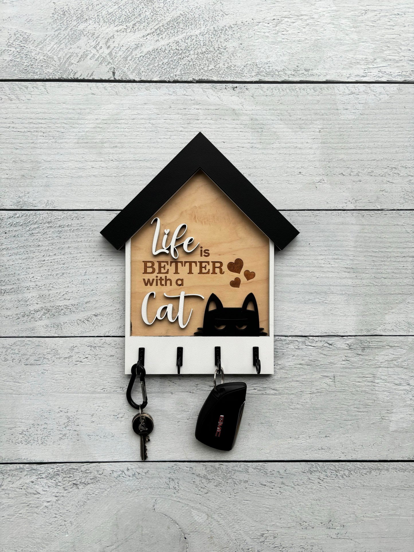 Life Is Better with a Cat – Wooden Key Holder for Cat Lovers