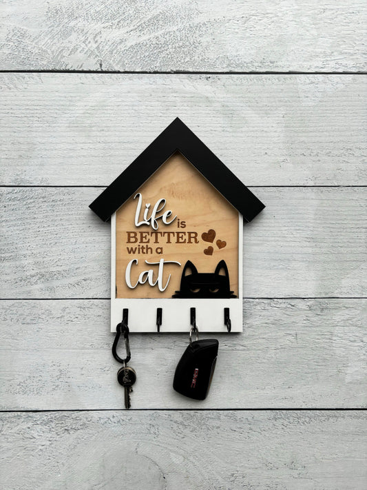 Life Is Better with a Cat – Wooden Key Holder for Cat Lovers
