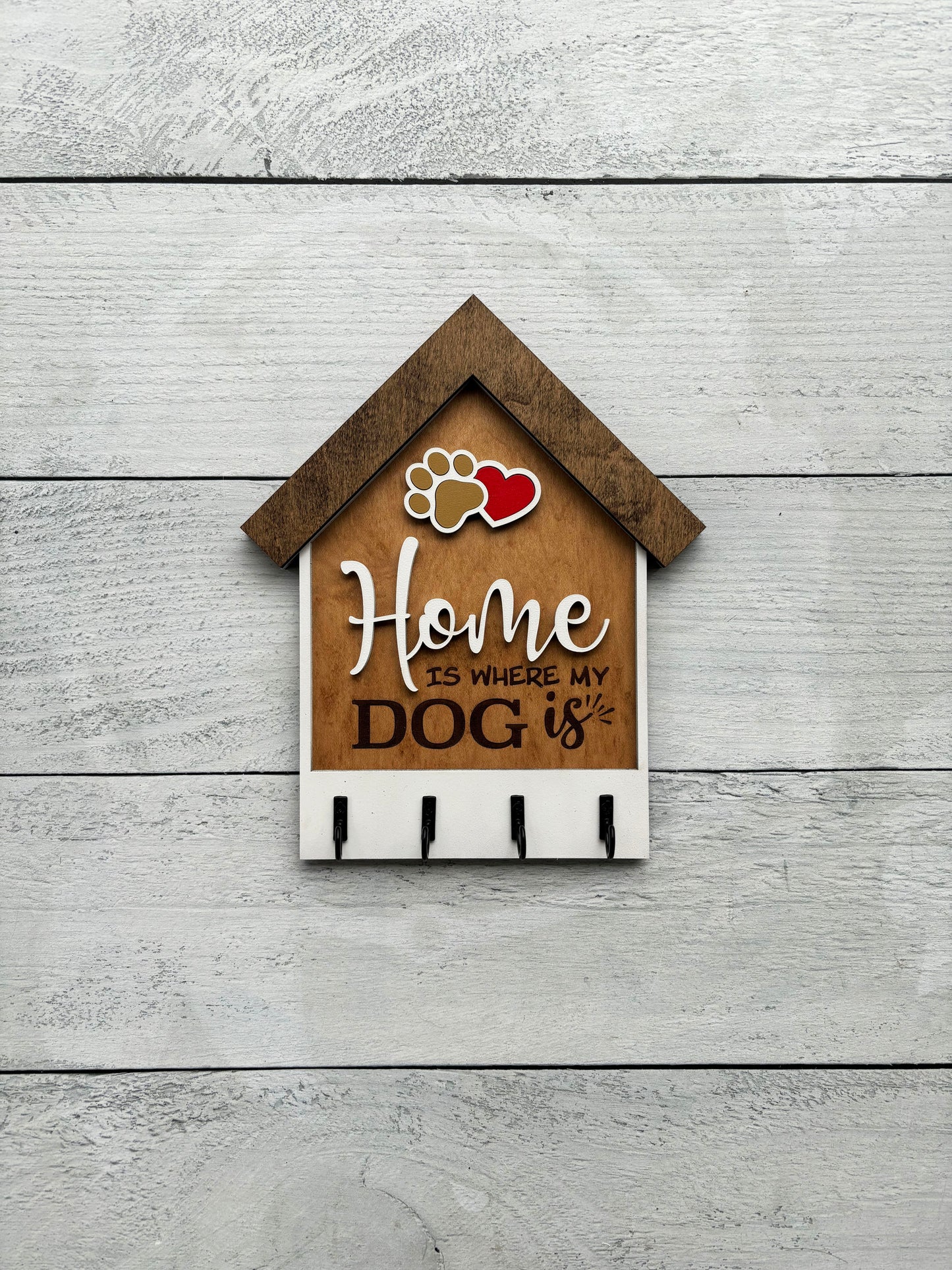 Home Is Where My Dog Is – Wooden Key Holder with Paw & Heart