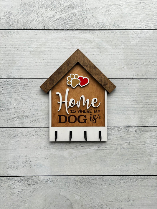 Home Is Where My Dog Is – Wooden Key Holder with Paw & Heart
