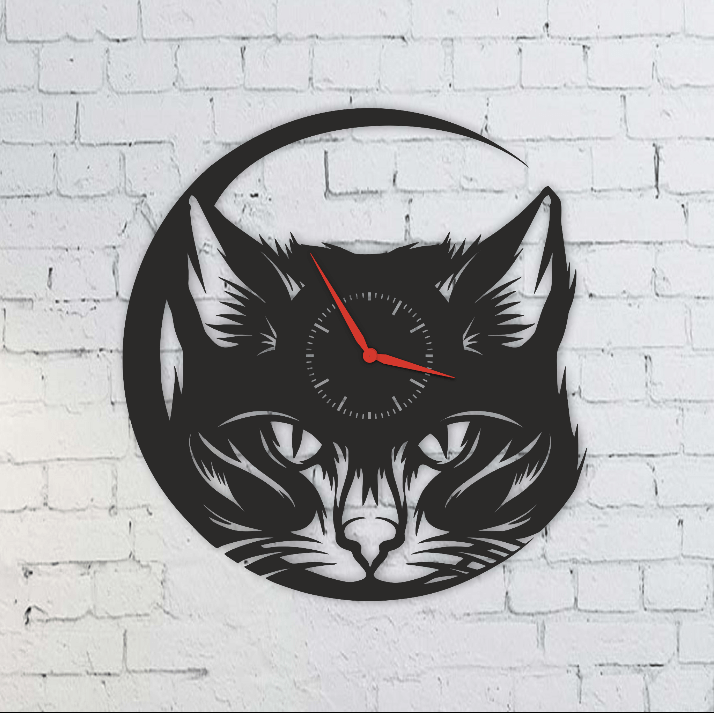 Cat Face Wall Clock – Black Wooden Clock | Soul Etch NZ