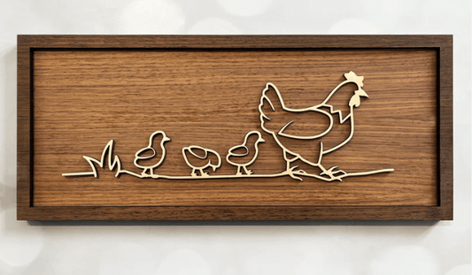 Hen and Chicks Line Art – minimalist wooden wall art handcrafted in New Zealand by Soul Etch, featuring a hen and chicks on a walnut background.