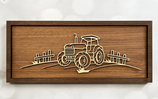 Tractor Line Art – minimalist wooden wall art handcrafted in New Zealand by Soul Etch, featuring a tractor and countryside fence on a walnut background.